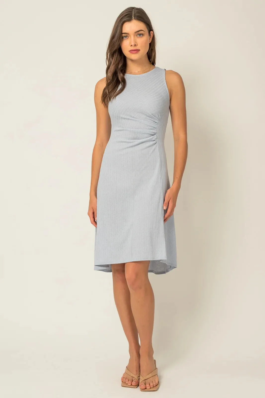 Ribbed Sleeveless Side Shirring Detail Midi Dress