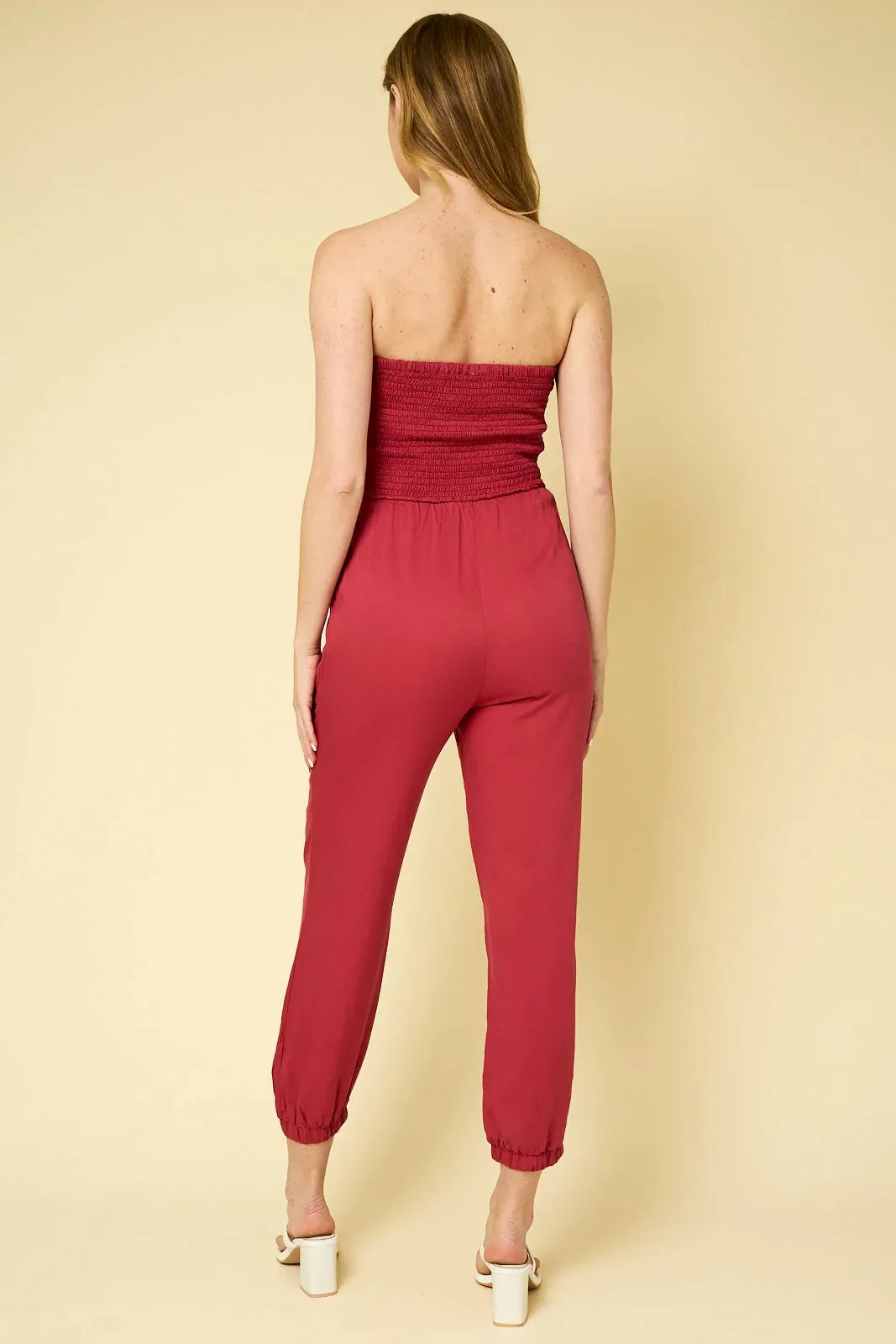 Strapless Cutout Ruched Drawstring Jogger Jumpsuit
