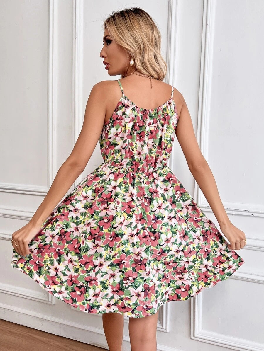 Floral Print Suspender Dress with Elastic Waist Design Fashion Summer Short Dresses Womens Clothing