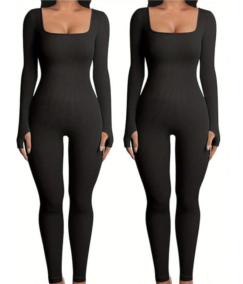 Women'S Yoga Sports Fitness Jumpsuit Workout Long Sleeve Square Collar Clothing