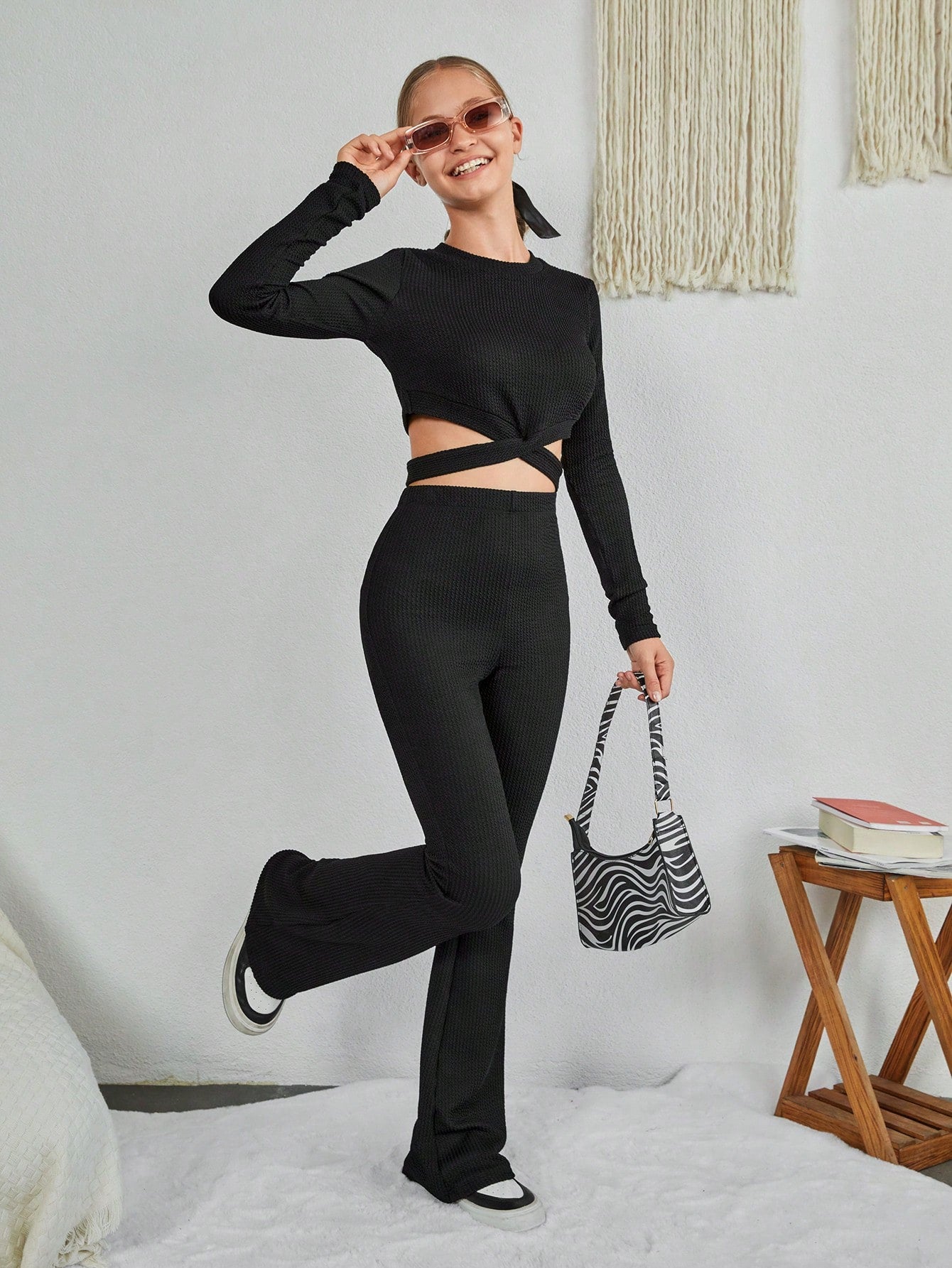 Teen Girl Crisscross Hem Crop Tee & Flare Leg Pants