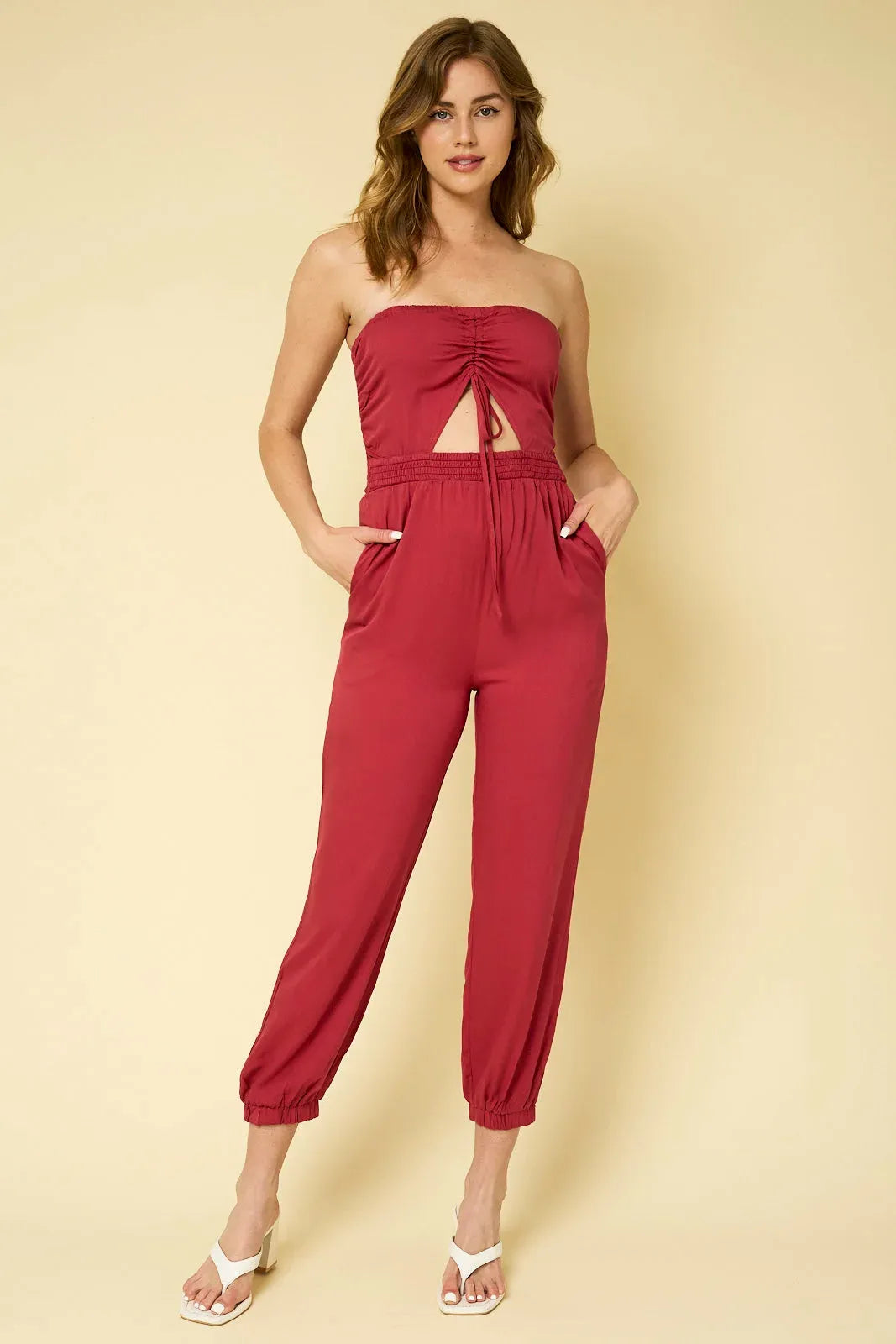 Strapless Cutout Ruched Drawstring Jogger Jumpsuit