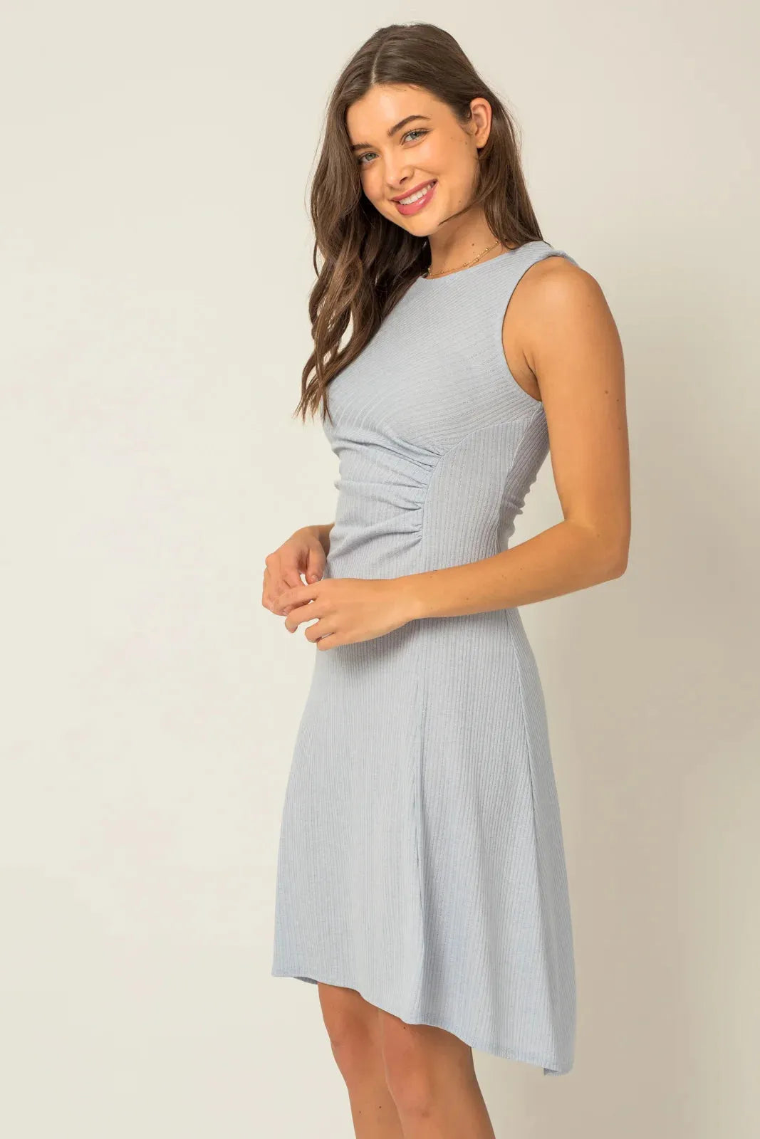 Ribbed Sleeveless Side Shirring Detail Midi Dress