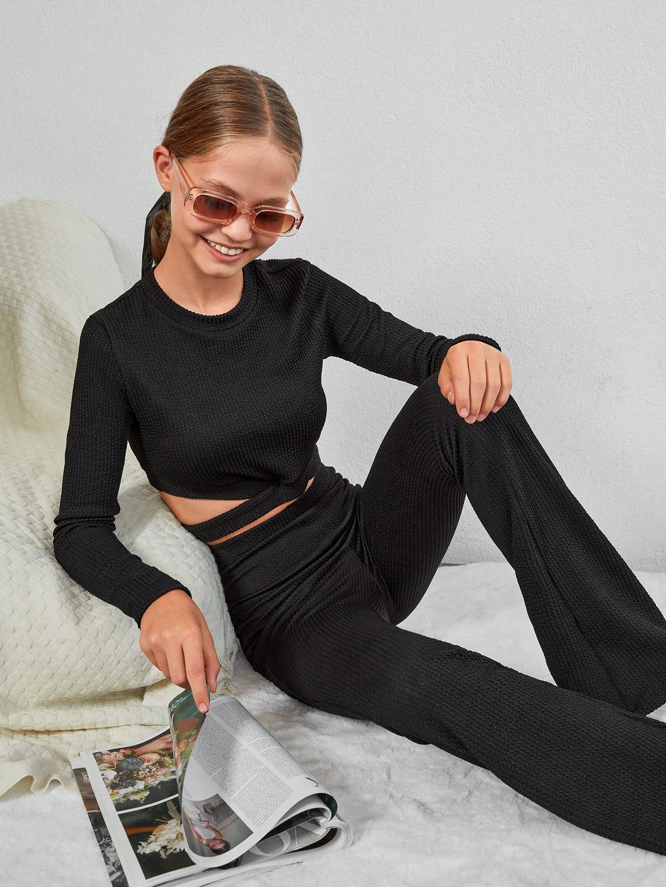 Teen Girl Crisscross Hem Crop Tee & Flare Leg Pants